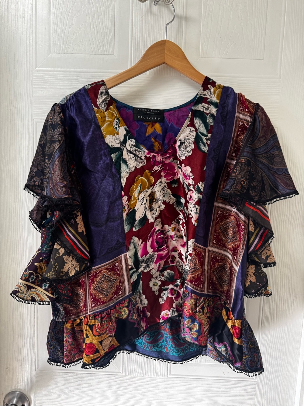 Burning Torch Multicolor Floral Patchwork Ruffle Sleeve Top
